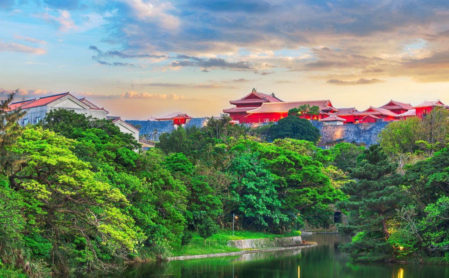 A landscape picture of Blue Zone area Okinawa, Japan, showcasing green trees and red buildings