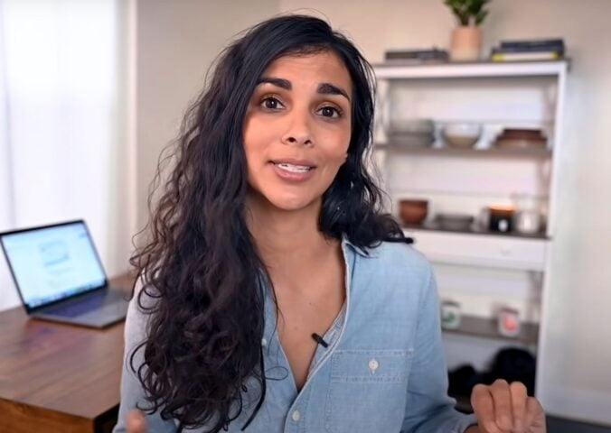 Plant-based YouTuber Nisha Vora in a still from her video on common mistakes vegans make