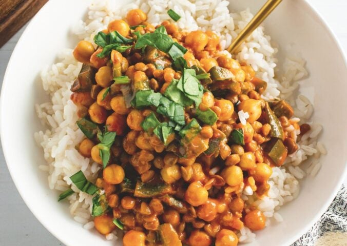 creamy gochujang chickpeas and lentils with poblano pepper on rice
