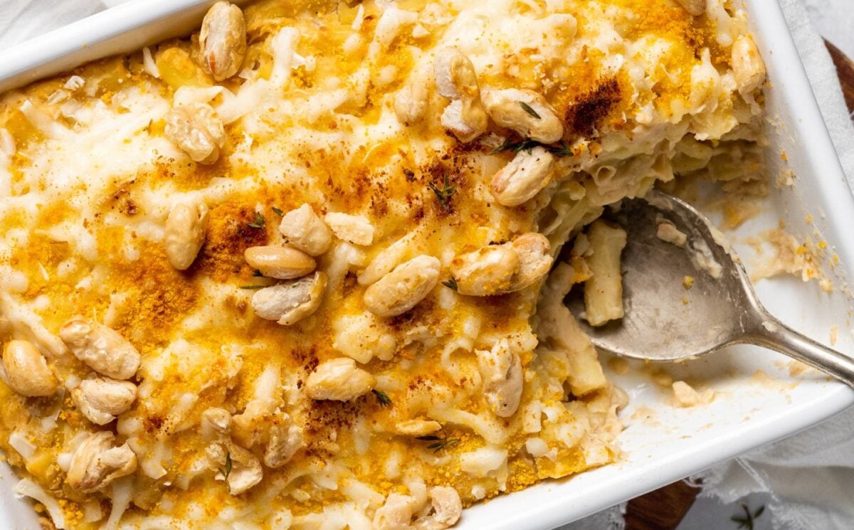 a dish full of vegan mac and beans with crispy beans on the side for vegan family dinner ideas