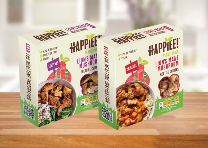 Two packs of Happiee easy-cook Lion's Mane mushrooms, a less processed alternative to meat