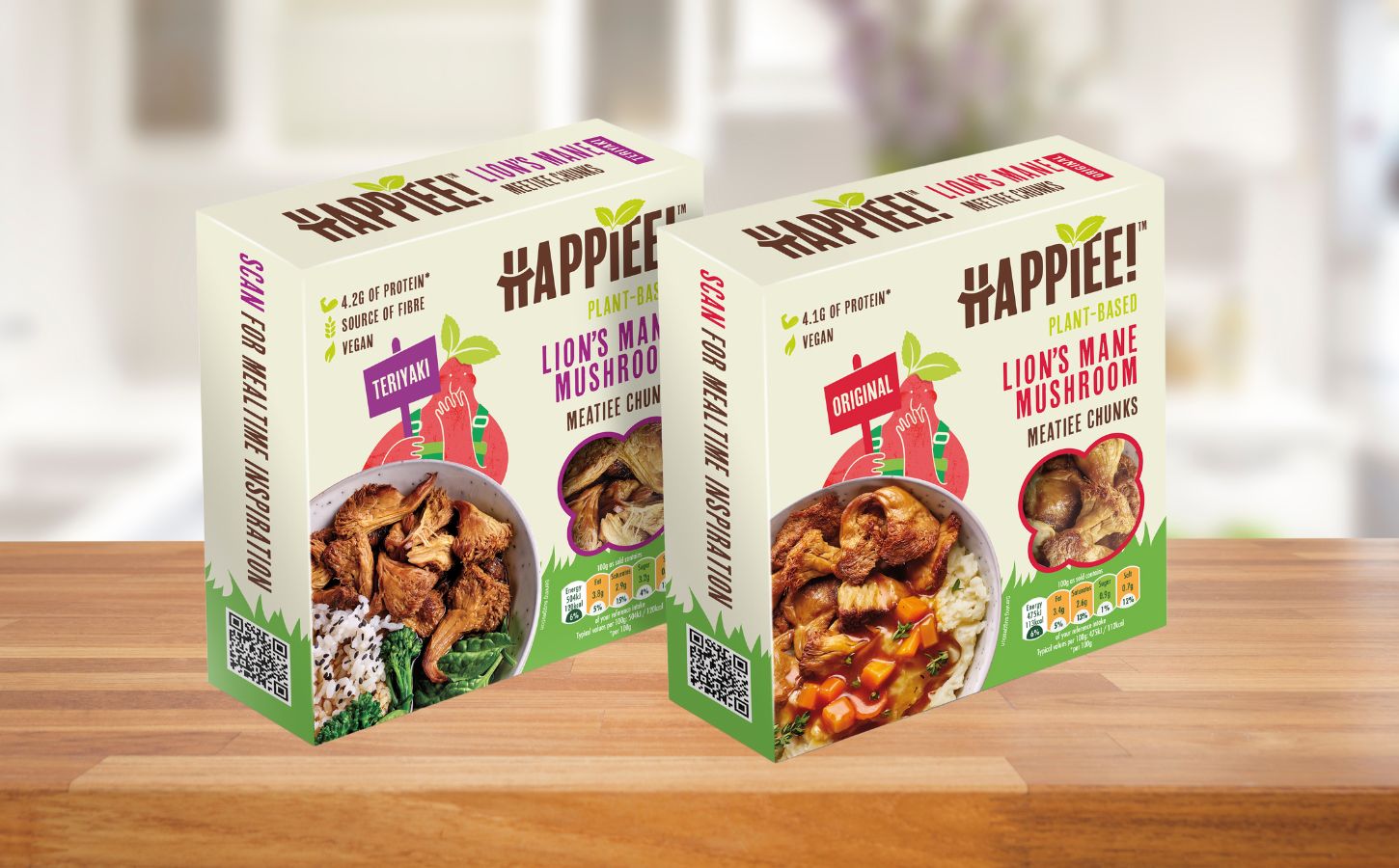 Two packs of Happiee easy-cook Lion's Mane mushrooms, a less processed alternative to meat