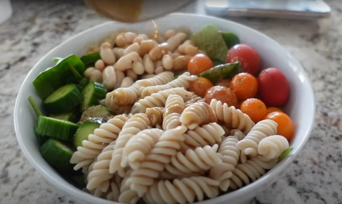 A vegan Buddha bowl featuring pasta and salad