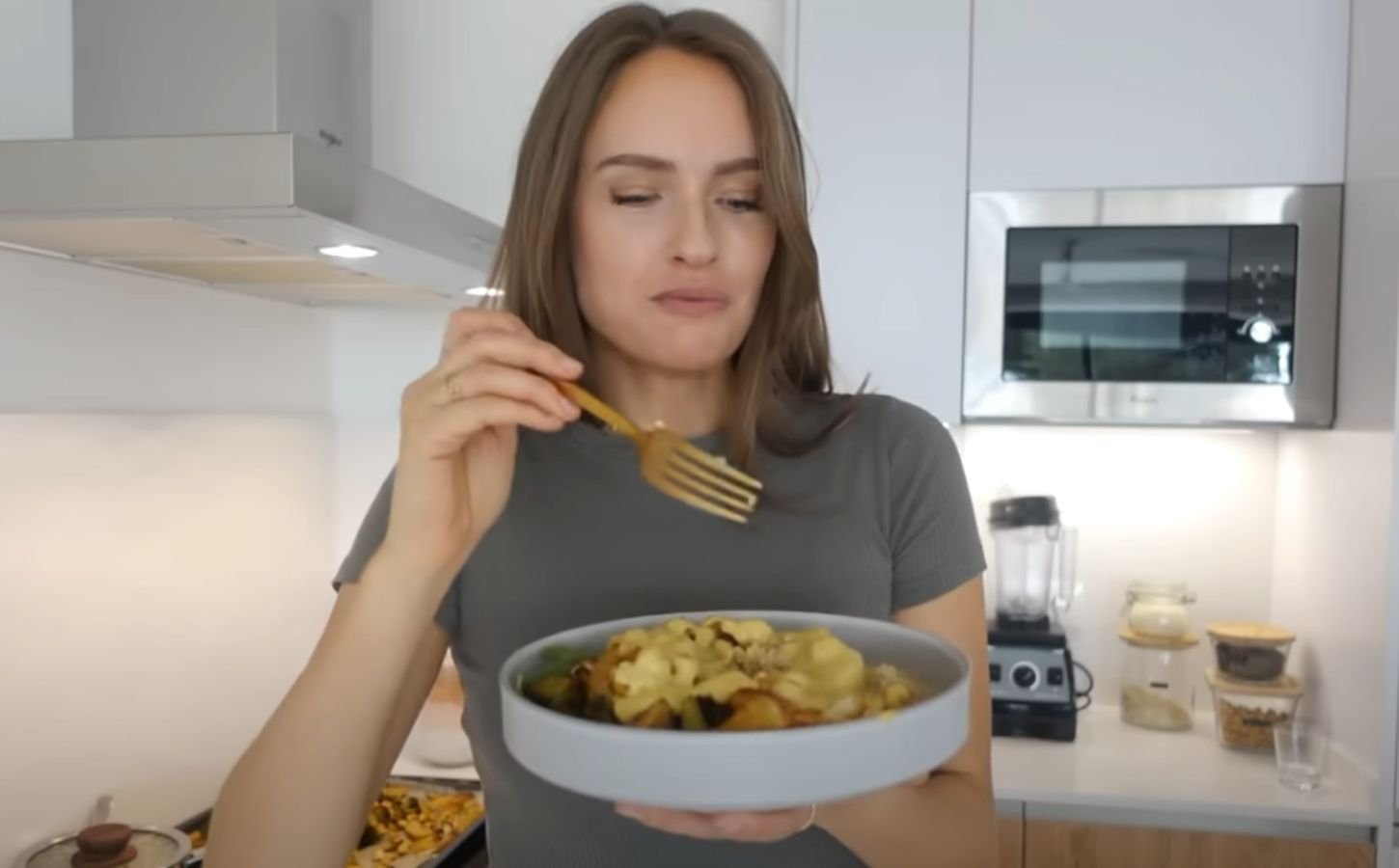 A still from Alexandra Andersson speaking about her staple plant-based recipes