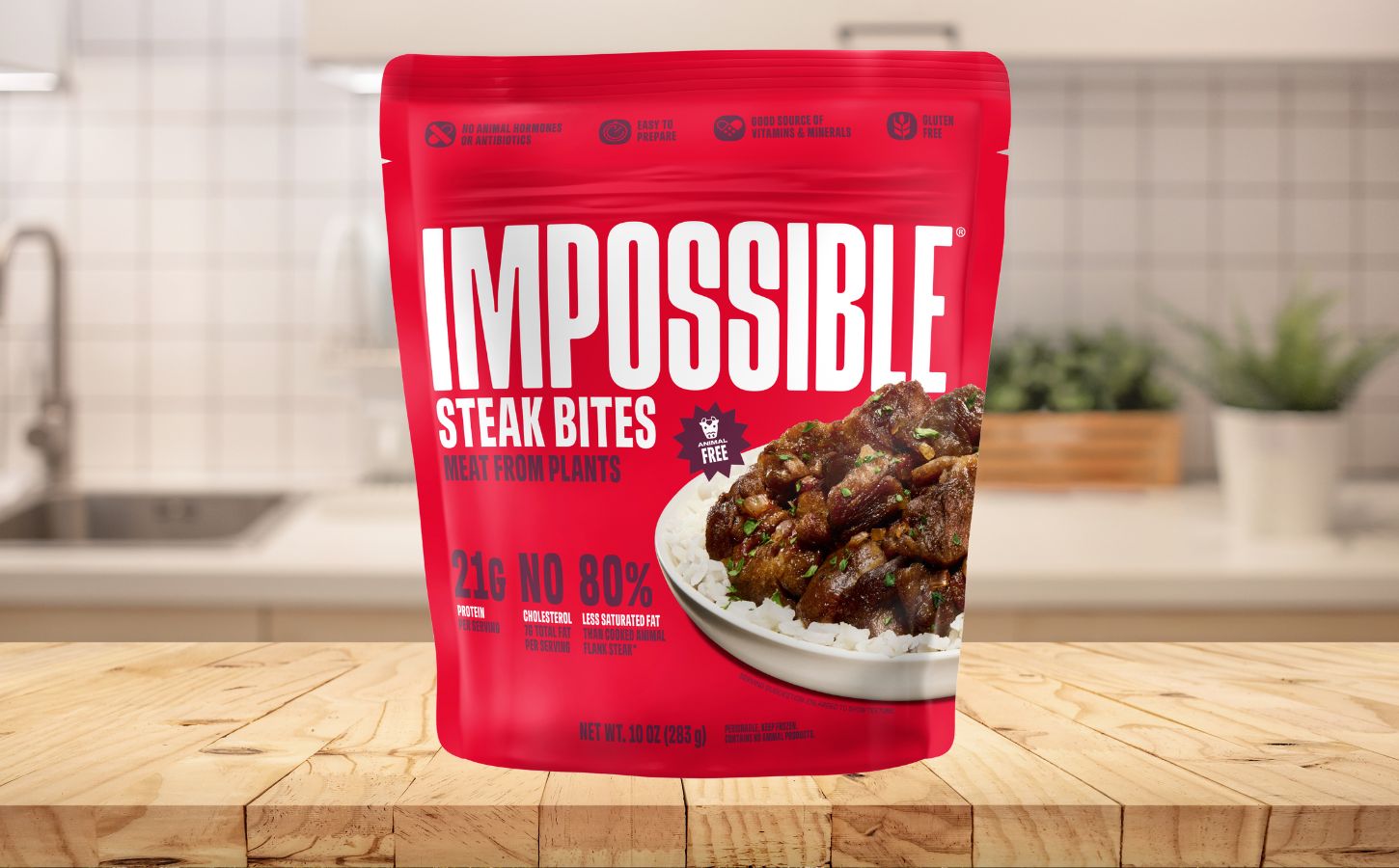 A packet of Impossible Steak Bites on a kitchen counter