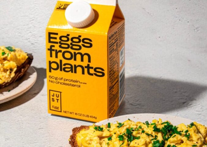 A packet of JUST Egg next to some vegan scrambled egg