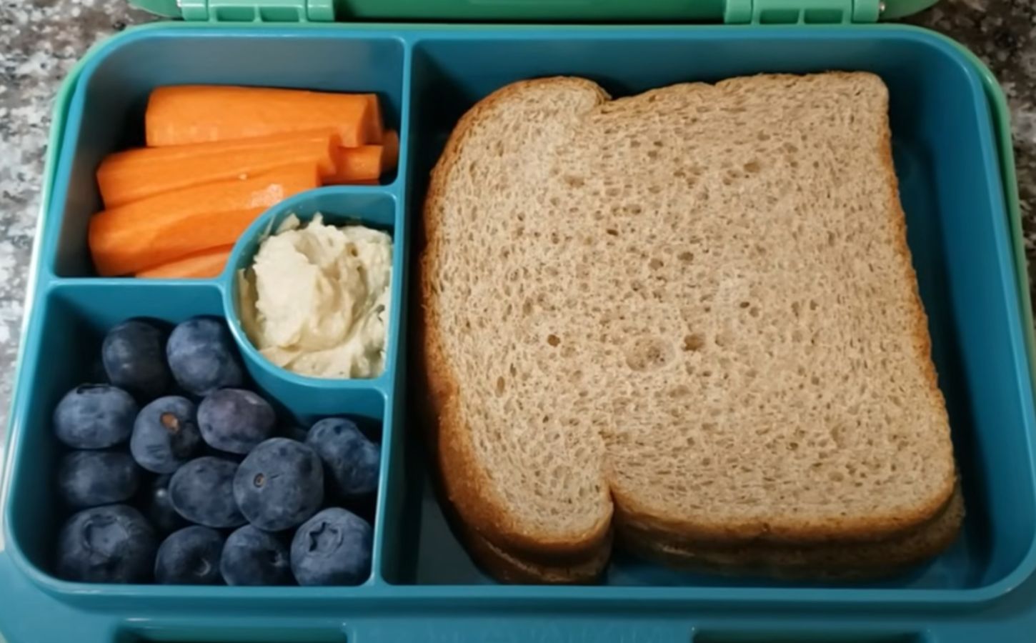 A kid-friendly vegan packed lunch featuring a peanut butter sandwich, carrots, blueberries, and hummus