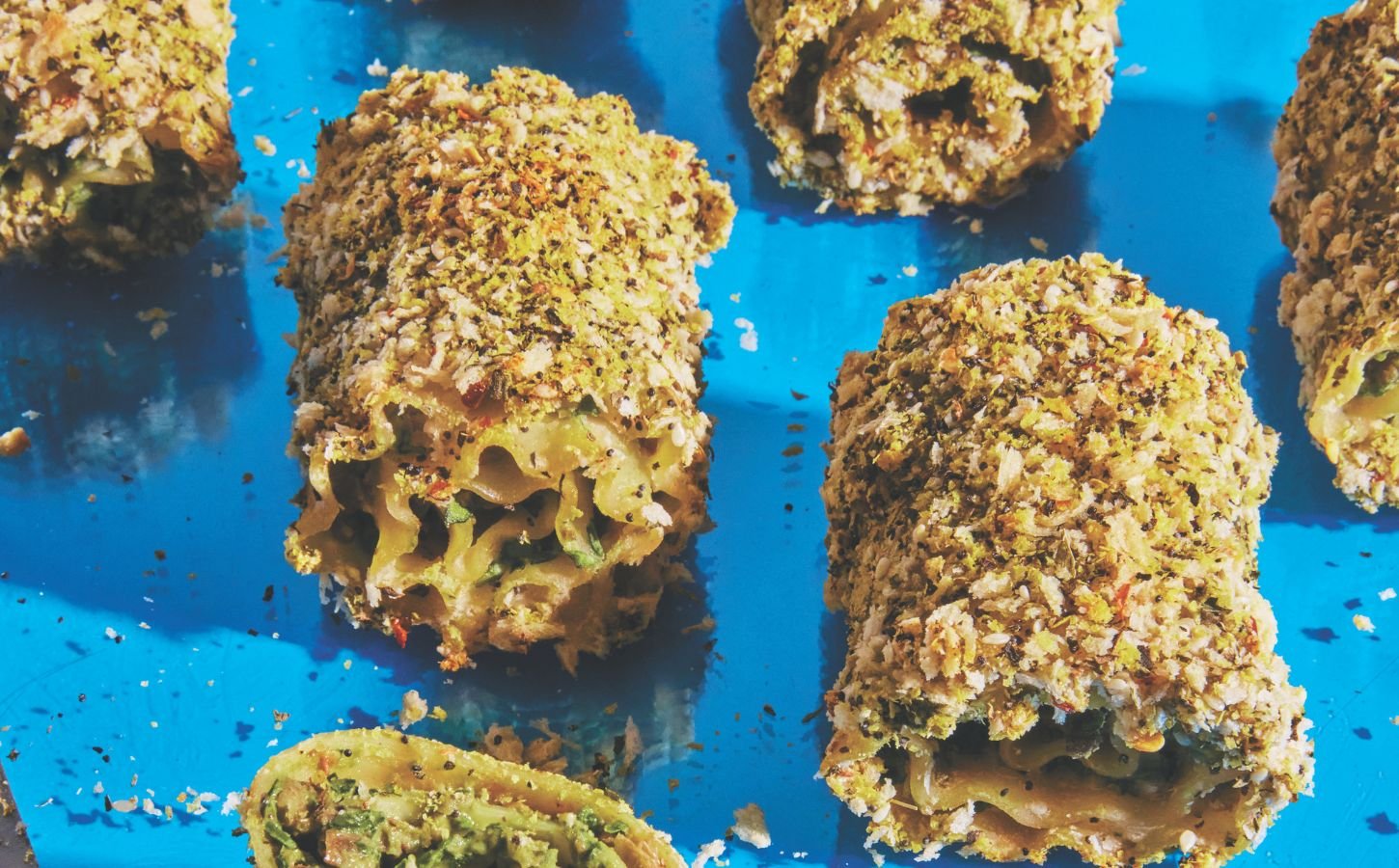 lasagna roll ups with kale pesto, spinach, and lentil ground beef