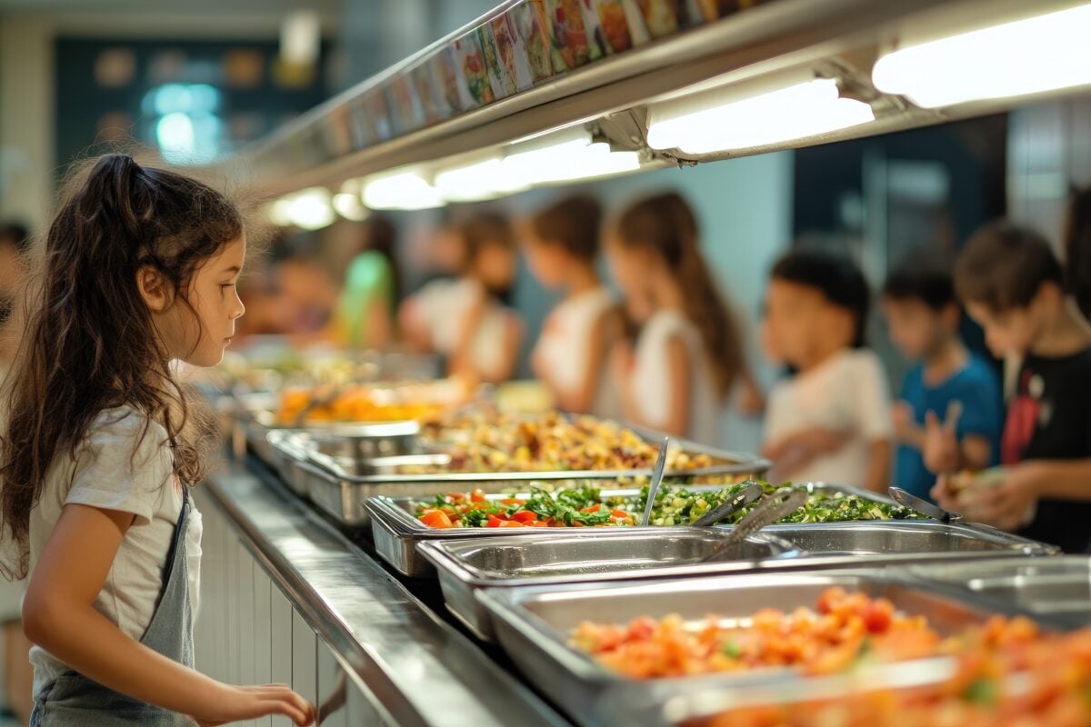 Photo shows a school age child choosing her lunch in the cafeteria
