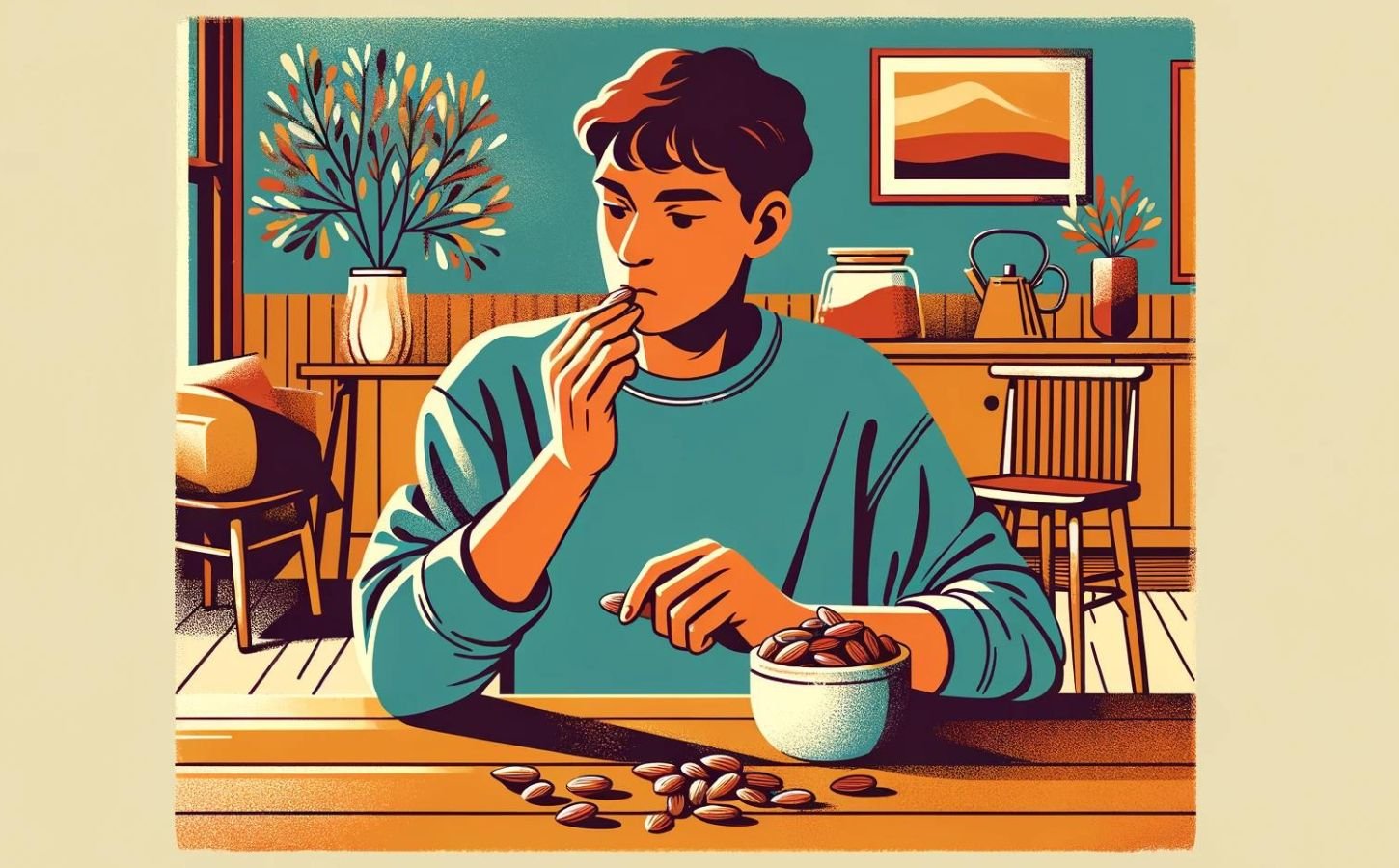 A graphic illustration-style image of a man in a blue jumper eating almonds at a table