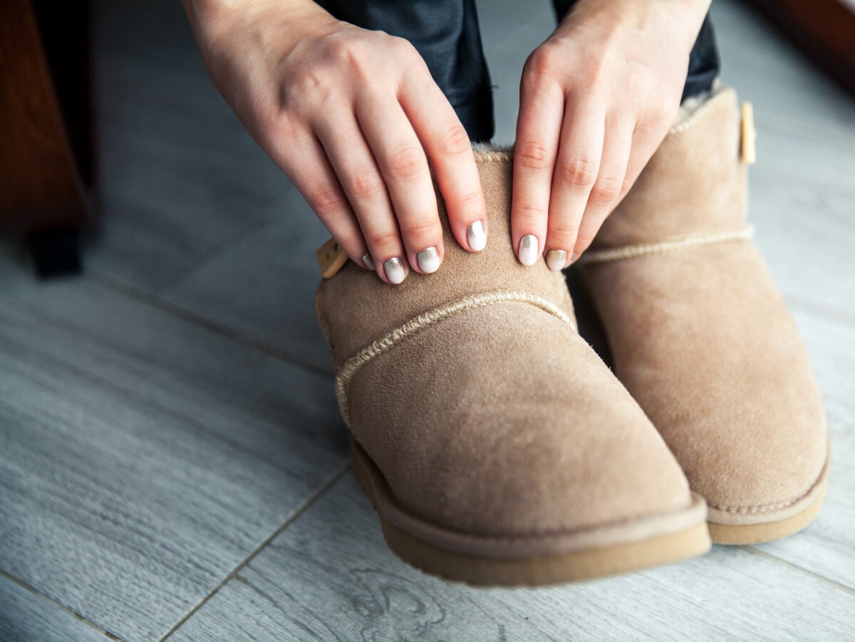 A pair of sheepskin Ugg boots, which are not vegan-friendly