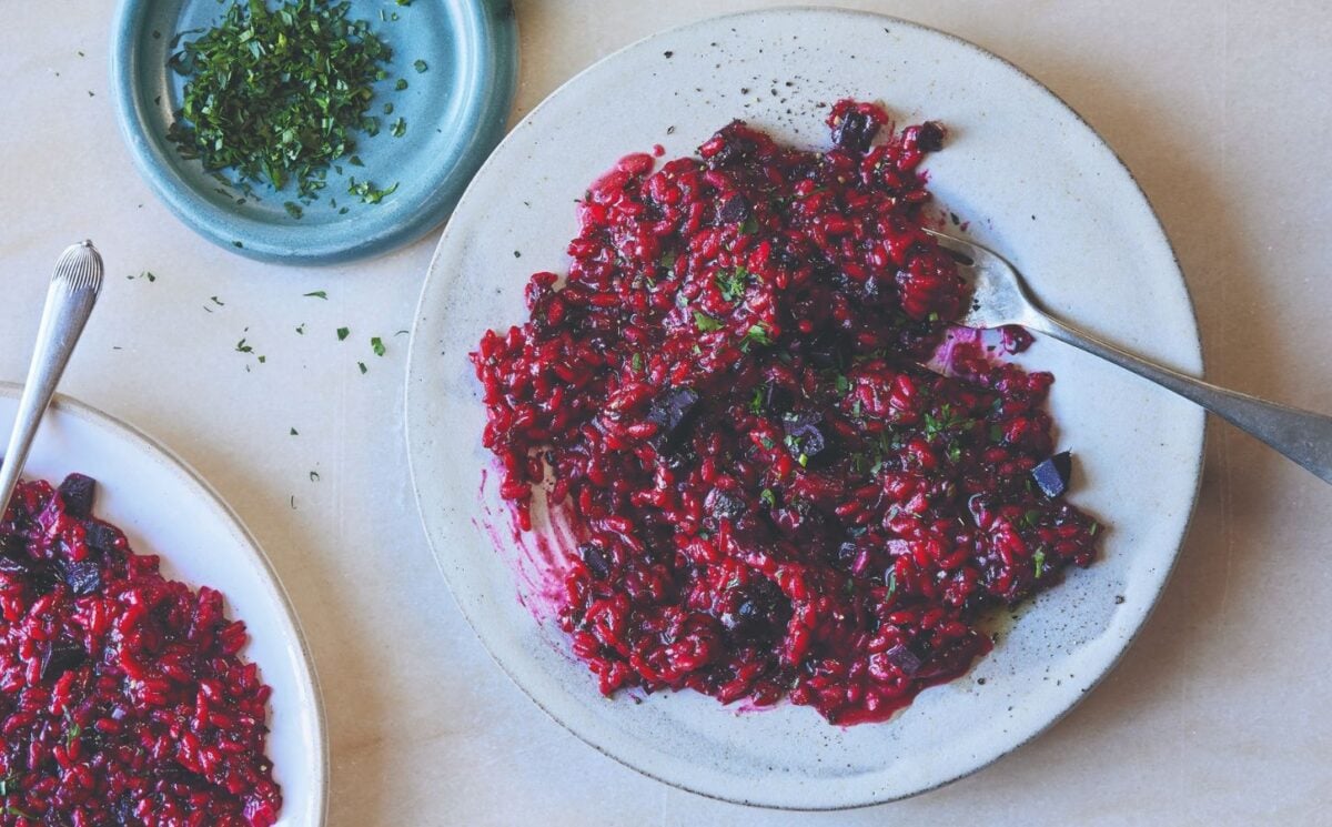 A vegan beetroot risotto made to a dairy-free and plant-based recipe
