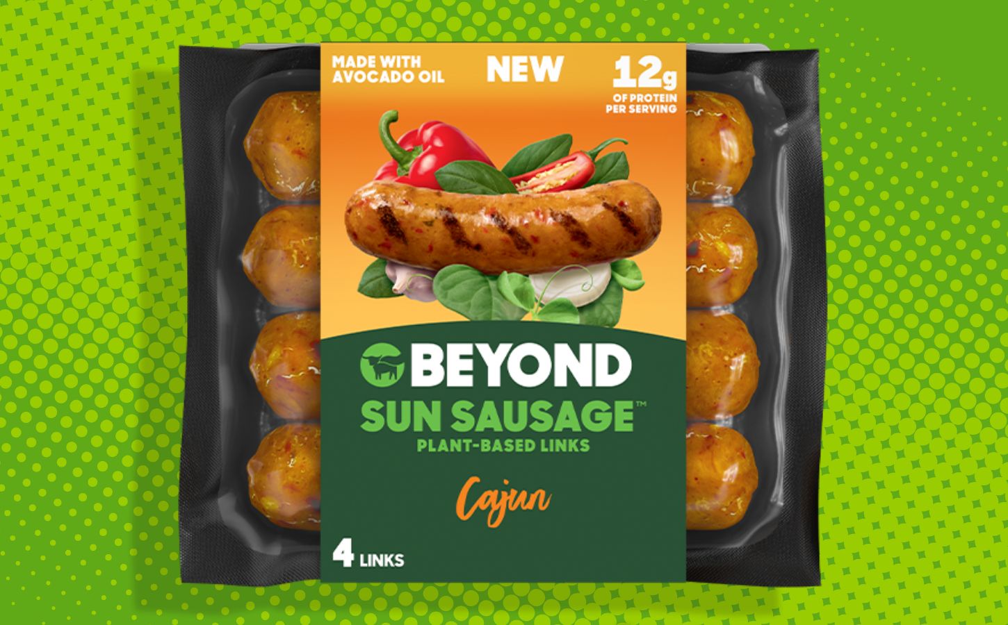 A packet of Beyond Meat's new healthier less processed Sun Sausages in front of a green background