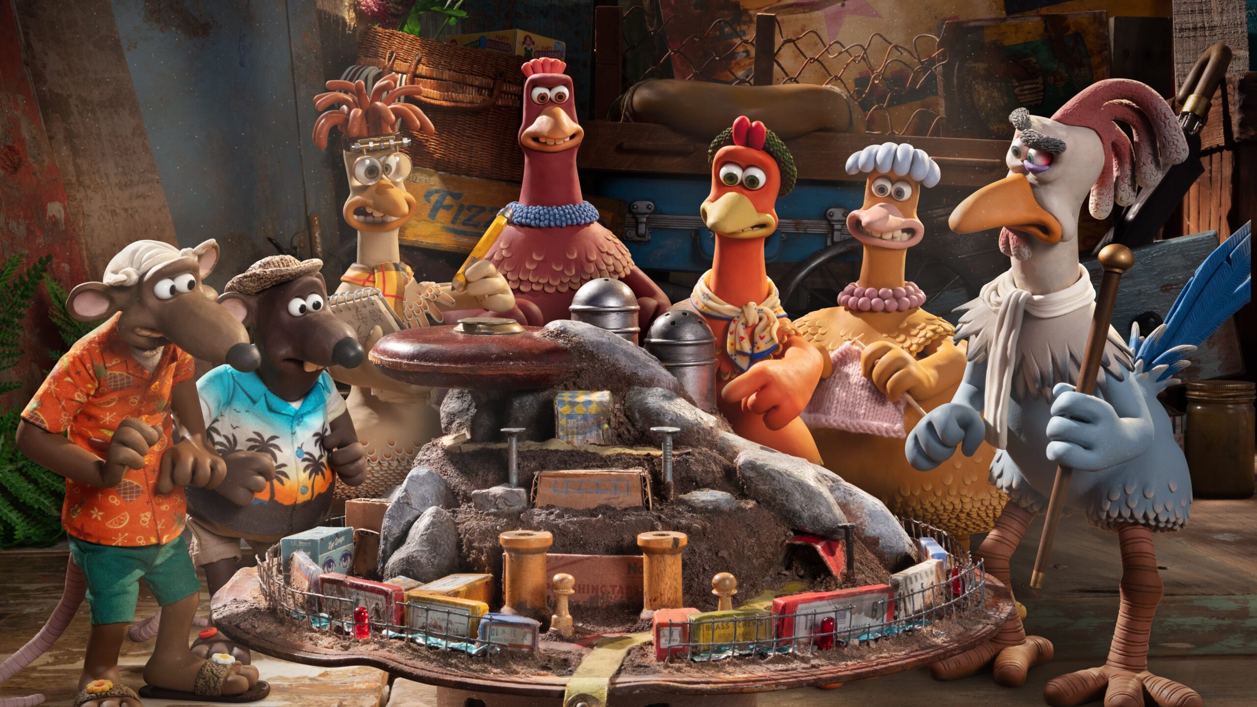 Chicken Run 2 characters look at model of Fun-Land Farms