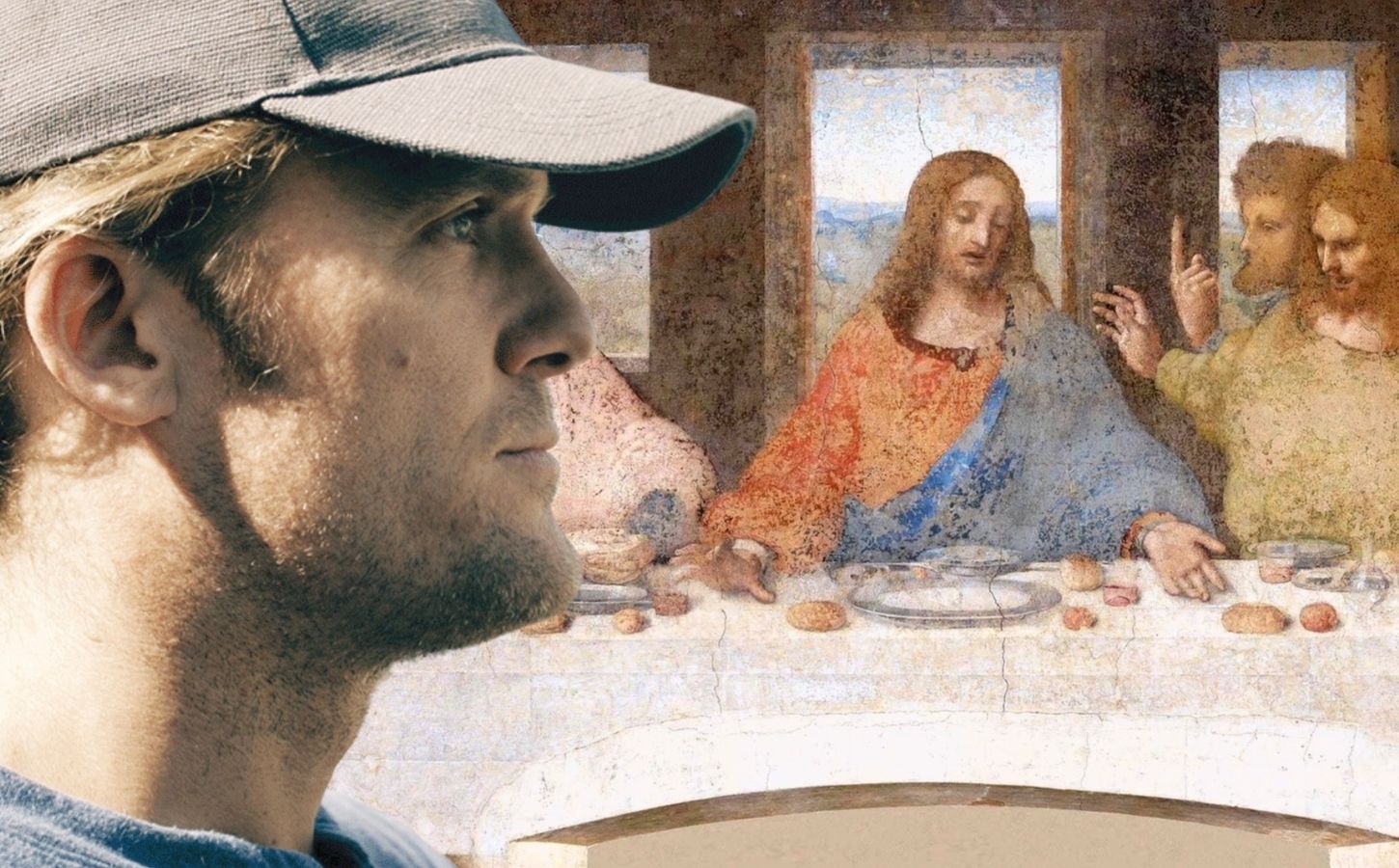 Christspiracy director Kip Andersen superimposed onto an illustration of Jesus