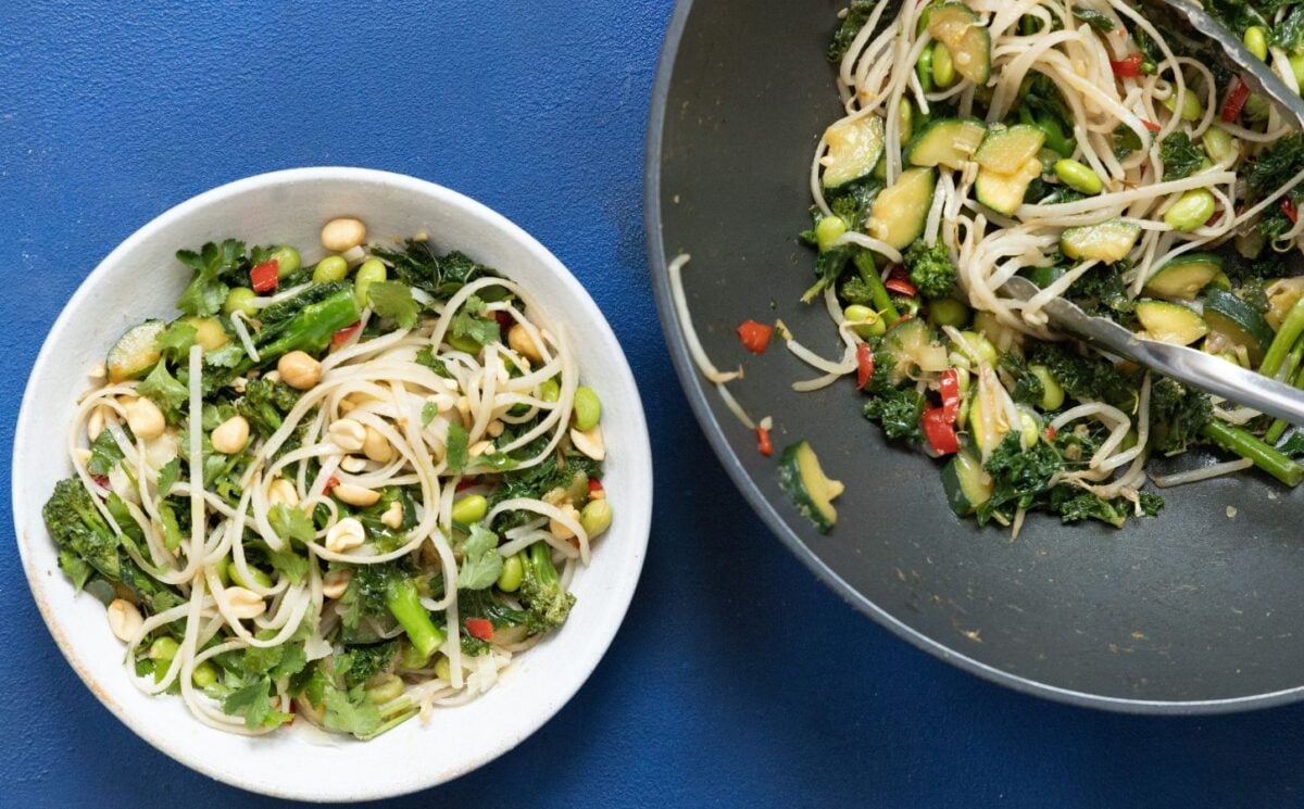 superfood stir fry packed with edamame, kale, ginger, lemongrass, chili, and garlic