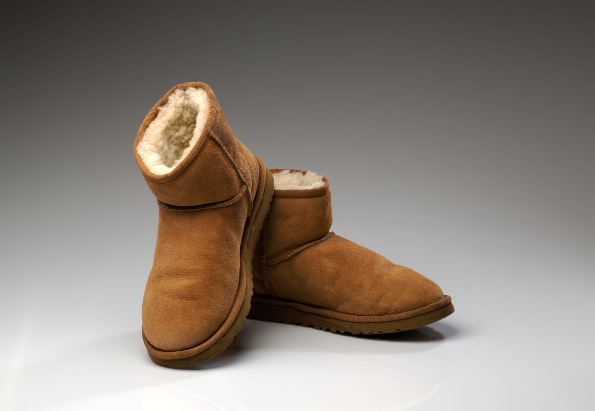 A pair of Ugg boots, which are non-vegan and made from sheepskin