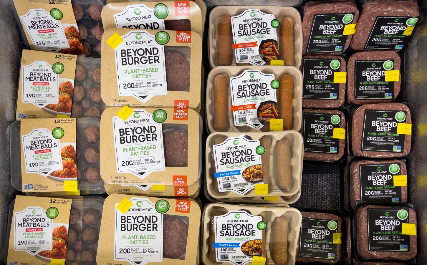 Supermarket shelf with ultra-processed vegan food