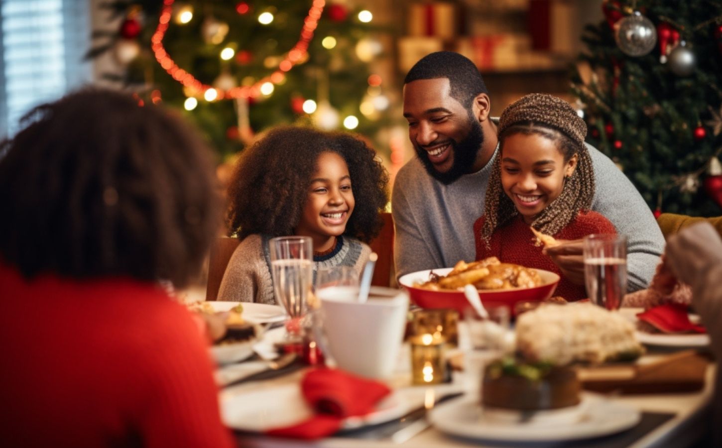 people enjoying a fully vegan Christmas dinner round a table