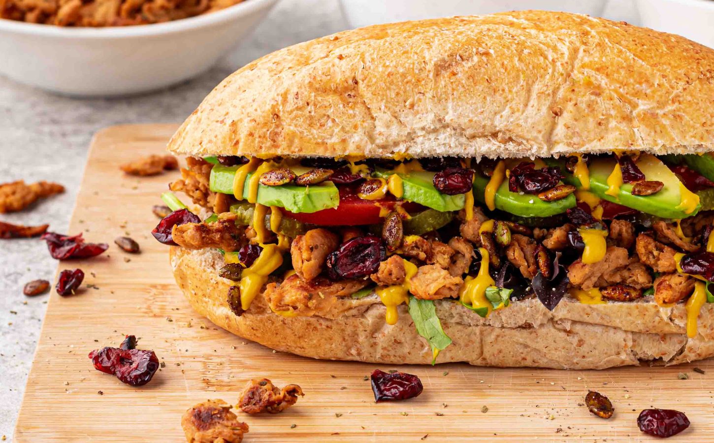 A vegan club sandwich with "turkey" flavor soy curls