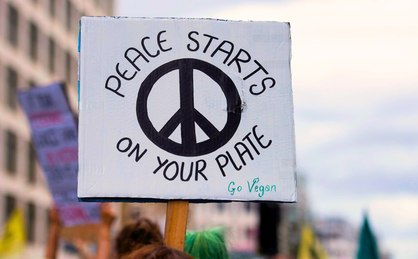 A placard reading "Peace starts on your plate" at an animal rights protest in London