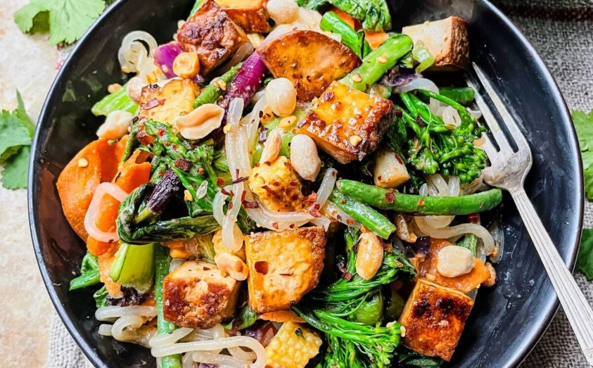 A bowl of plant-based Pad Thai, a vegan noodle recipe