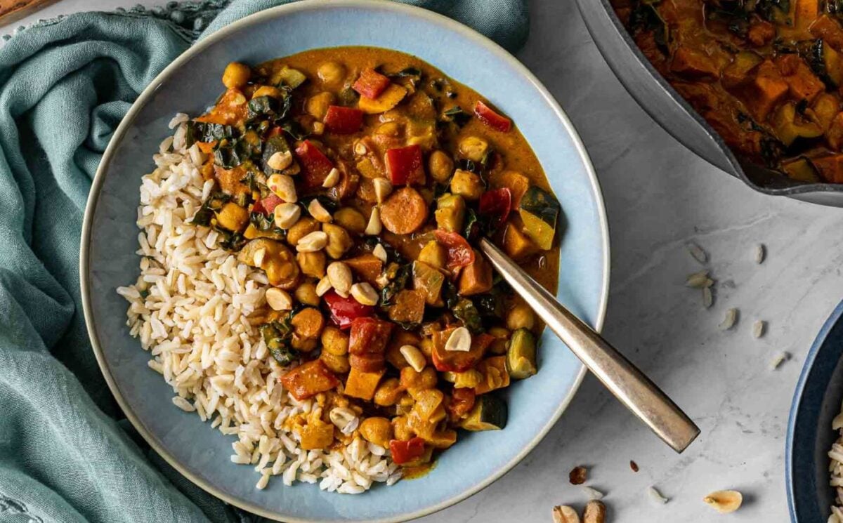 A close up shot of a vegan peanut and coconut curry