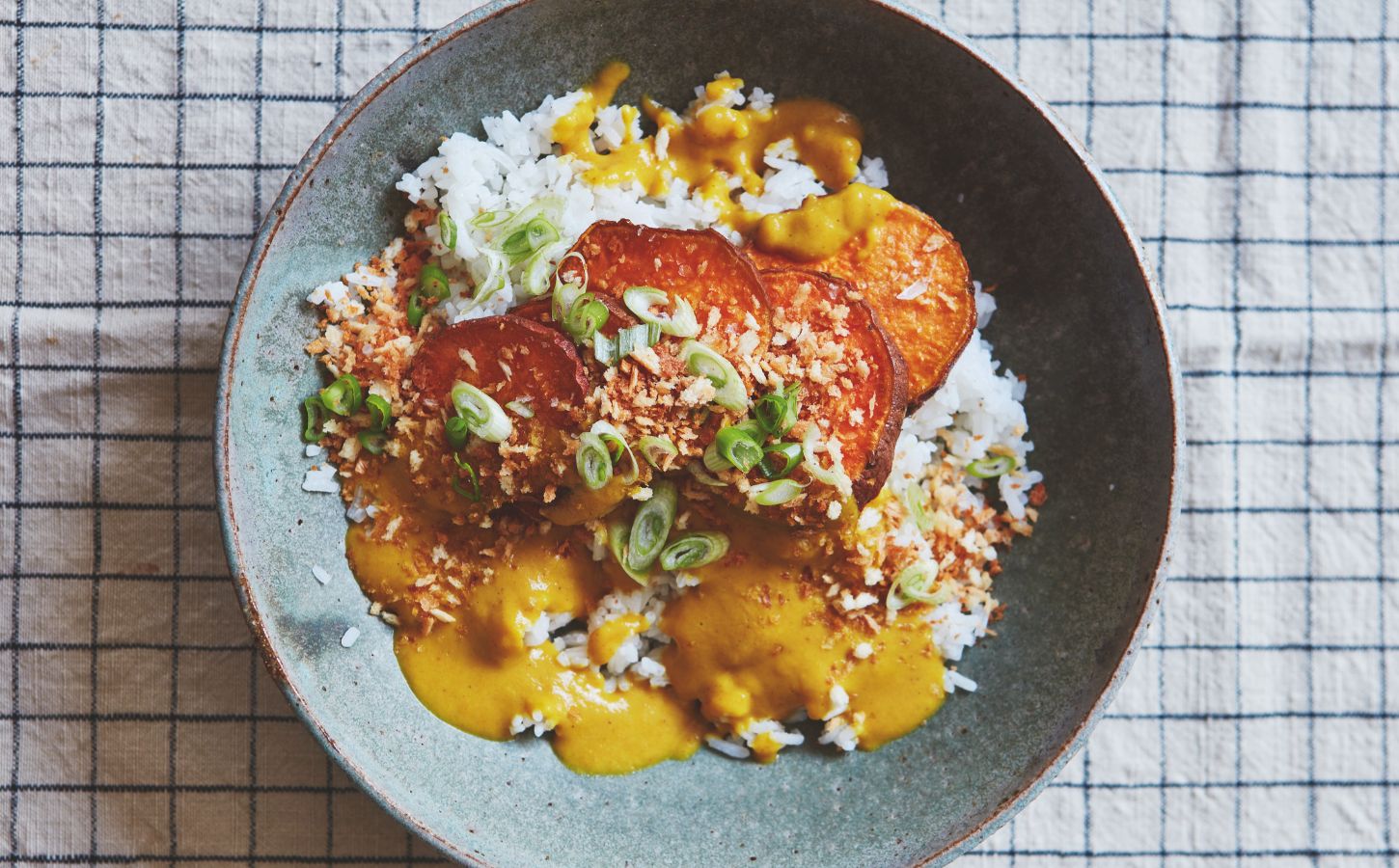 A plant-based sweet potsto katsu curry, a vegan potato recipe