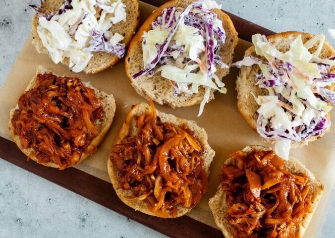 smoky BBQ shredded jackfruit on sliders with coleslaw