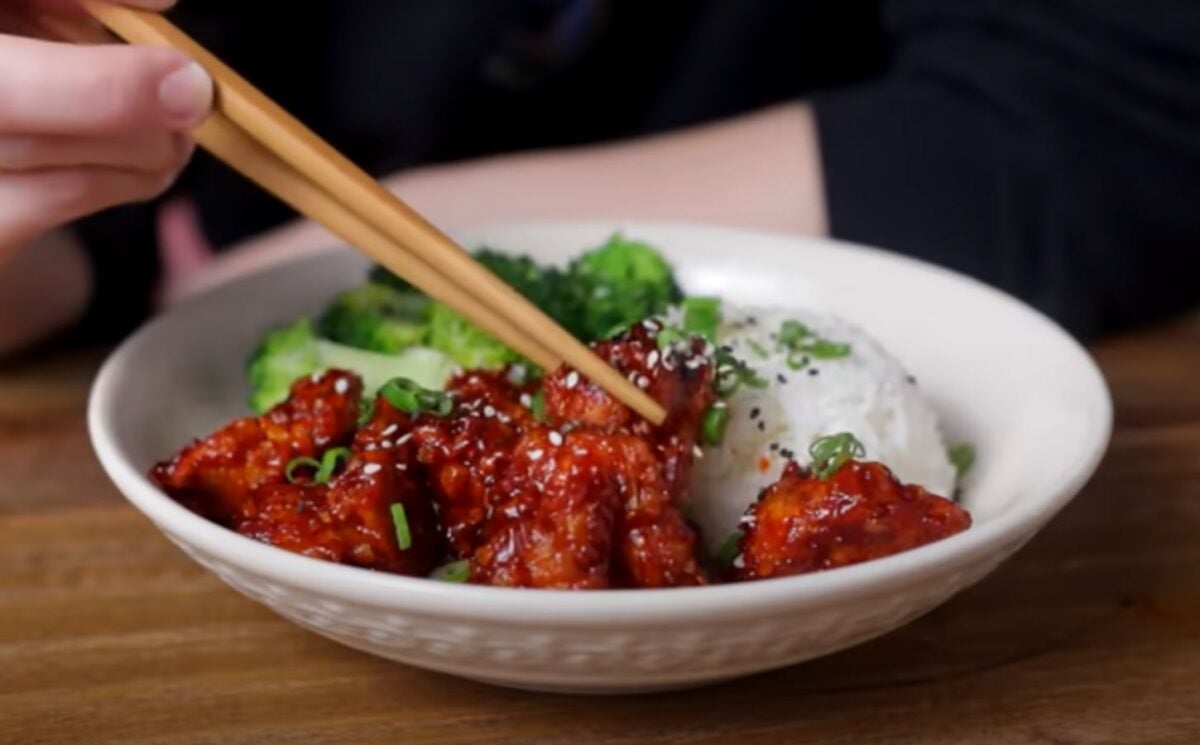 A bowl of gochujang tofu from a video on tofu recipes