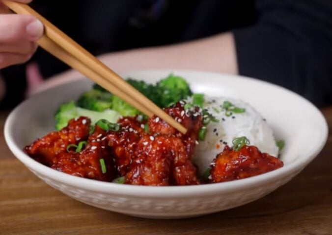 A bowl of gochujang tofu from a video on tofu recipes