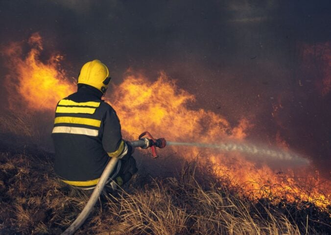 Photo shows a firefighting using a hose to fight a wildfire