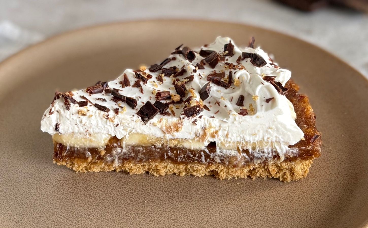 A slice of refined sugar-free vegan banoffee pie