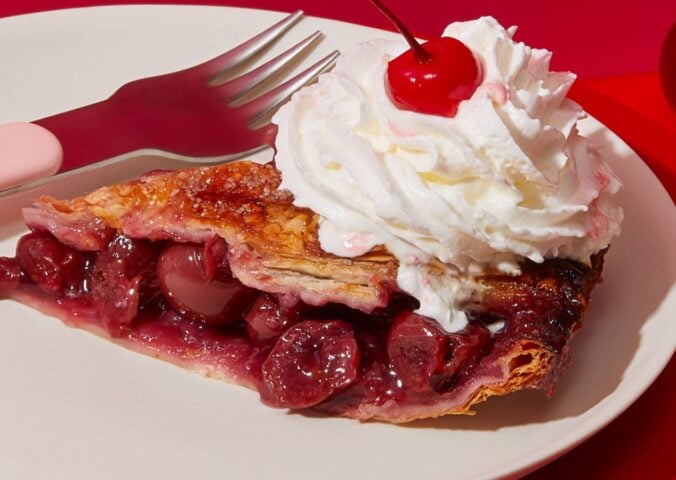 vegan cherry pie with sour cherries and vegan whipped cream