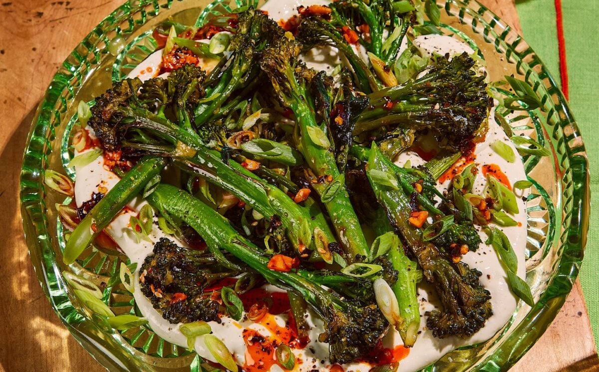 a bowl of miso lemon broccoli with whipped spring onion tofu for vegan broccoli recipes